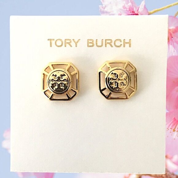 TORY BURCH DOUBLE T LOGO STU EARRINGS - Picture 2 of 4